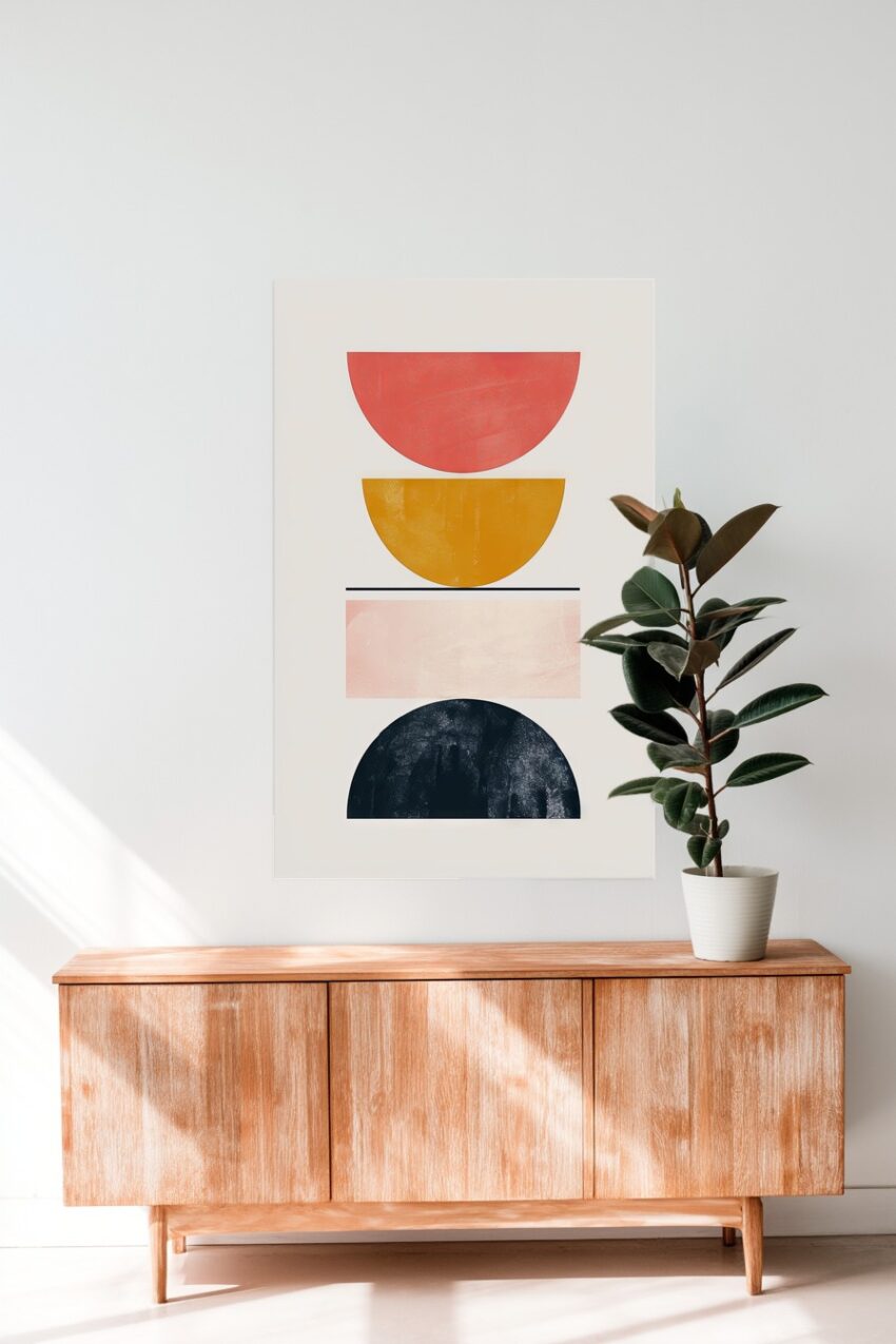 Abstraktes Poster mit drei farbigen Halbkreisen und einem Rechteck in Pastellrot, Gelb, Schwarz und Rosa auf hellem Hintergrund