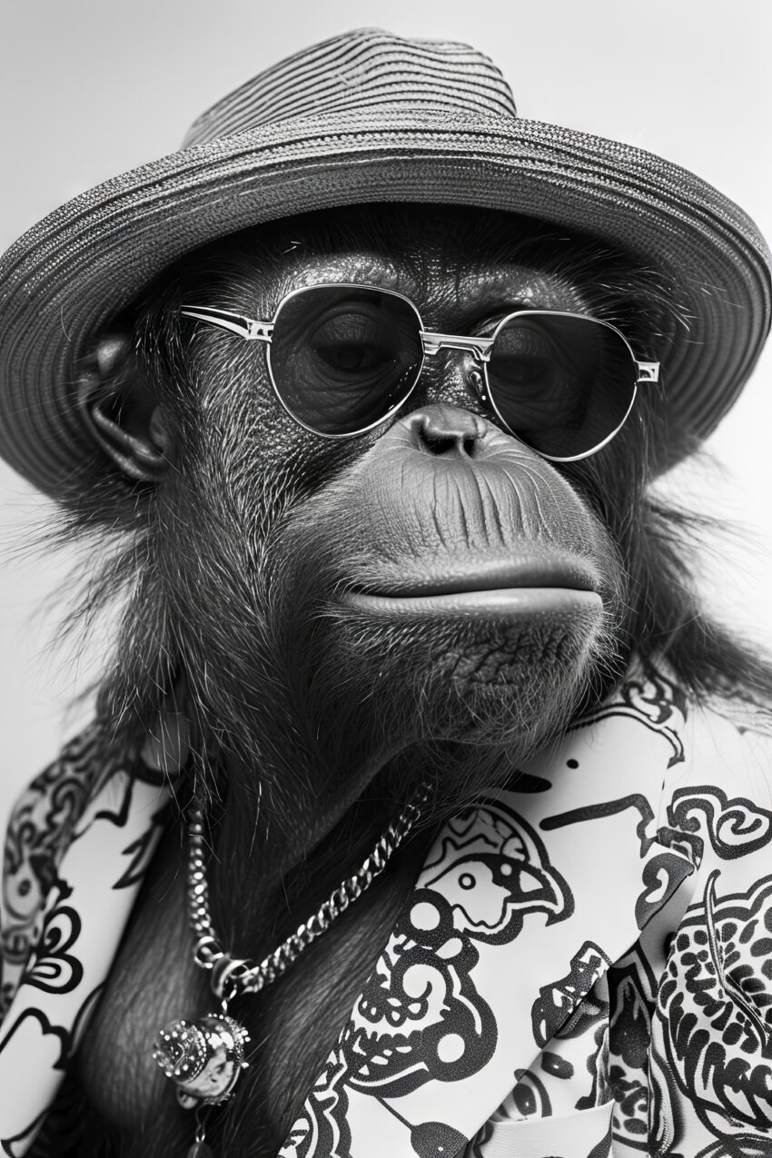 Schwarzweiß Poster mit Affe im Hut und Sonnenbrille, humorvoller Tierportrait Kunstdruck