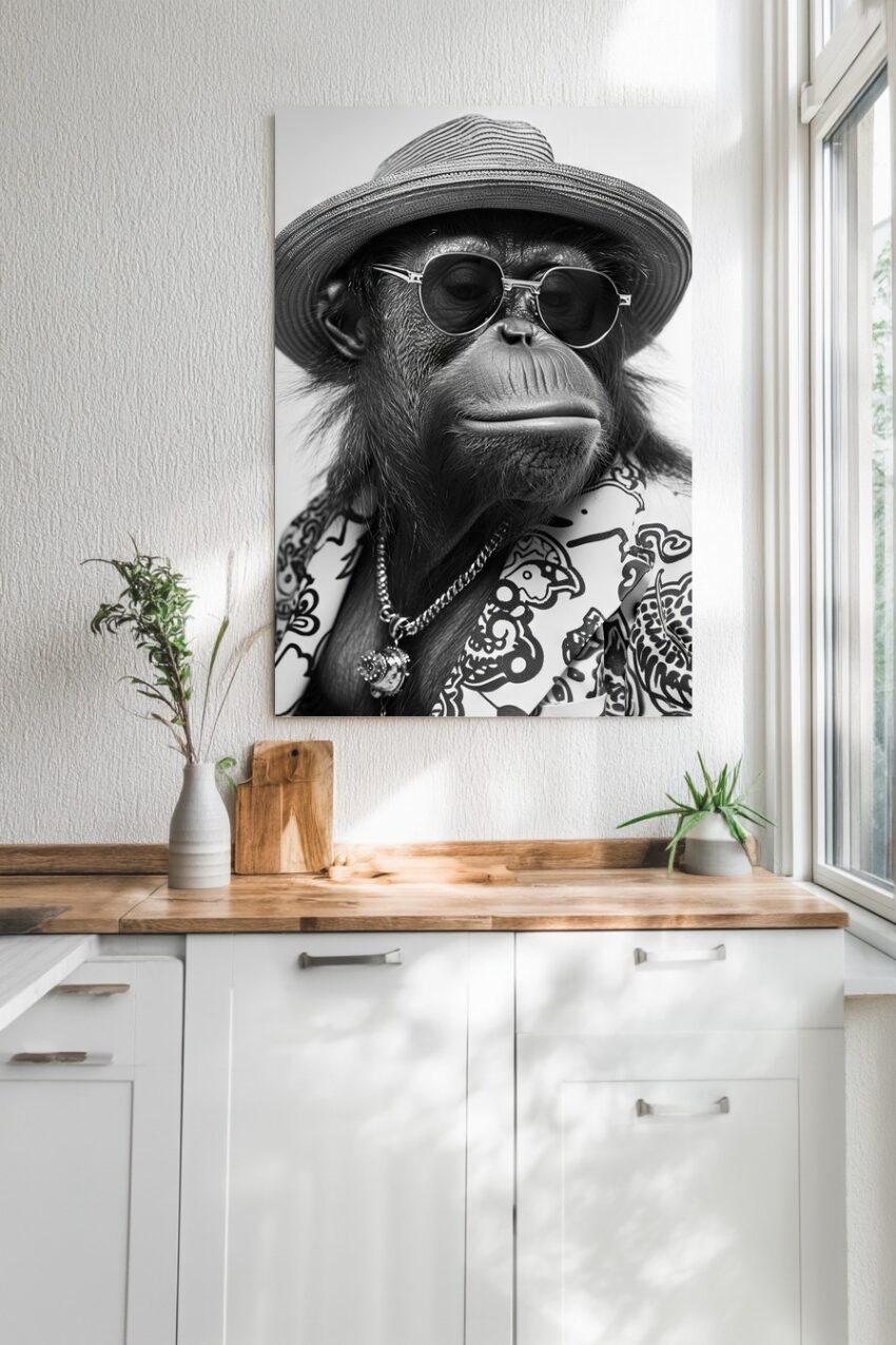 Schwarzweiß Poster mit Affe im Hut und Sonnenbrille, humorvoller Tierportrait Kunstdruck