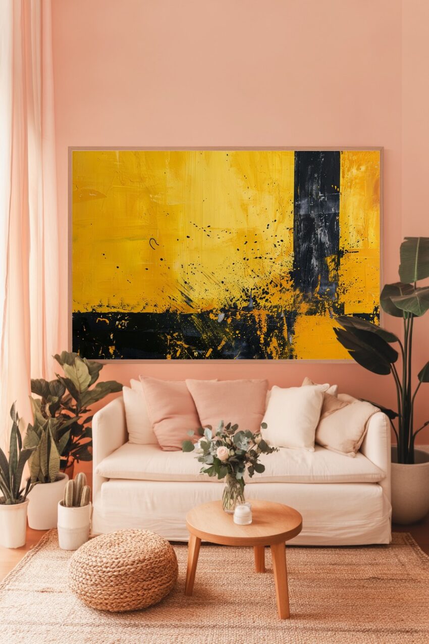 Abstraktes Poster mit gelben und schwarzen Farbflächen und Spritzern, strukturiert, moderner Kunstdruck