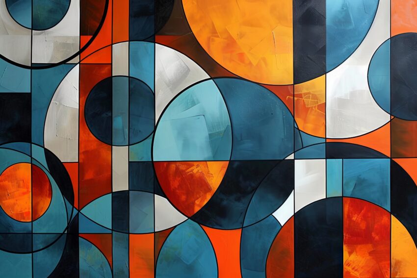 Abstrakter Kunstdruck mit orangefarbenen und blauen Kreisen und Rechtecken, geometrische Formen auf Poster