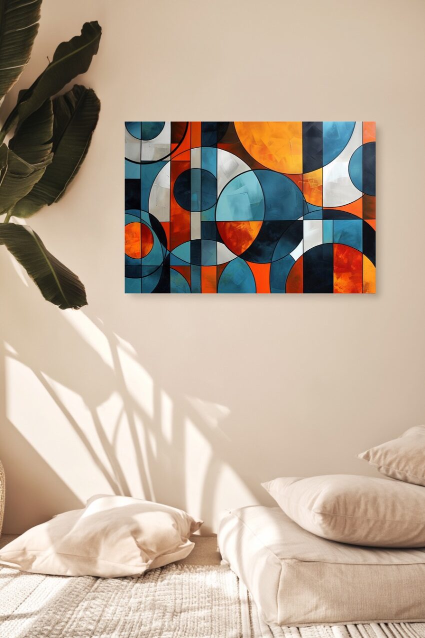 Abstrakter Kunstdruck mit orangefarbenen und blauen Kreisen und Rechtecken, geometrische Formen auf Poster