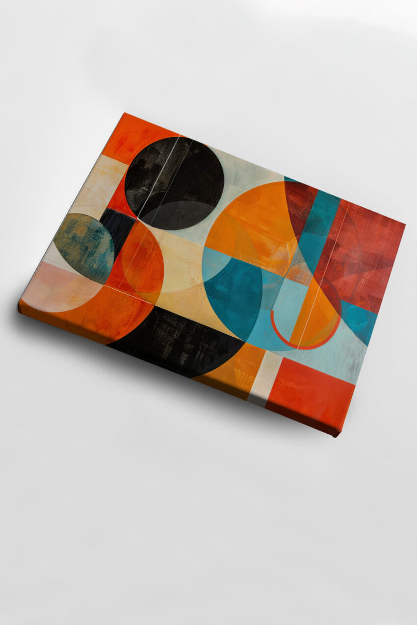 Abstraktes Poster mit farbigen Kreisen und rechteckigen Flächen in Orange, Blau und Schwarz als geometrischer Kunstdruck