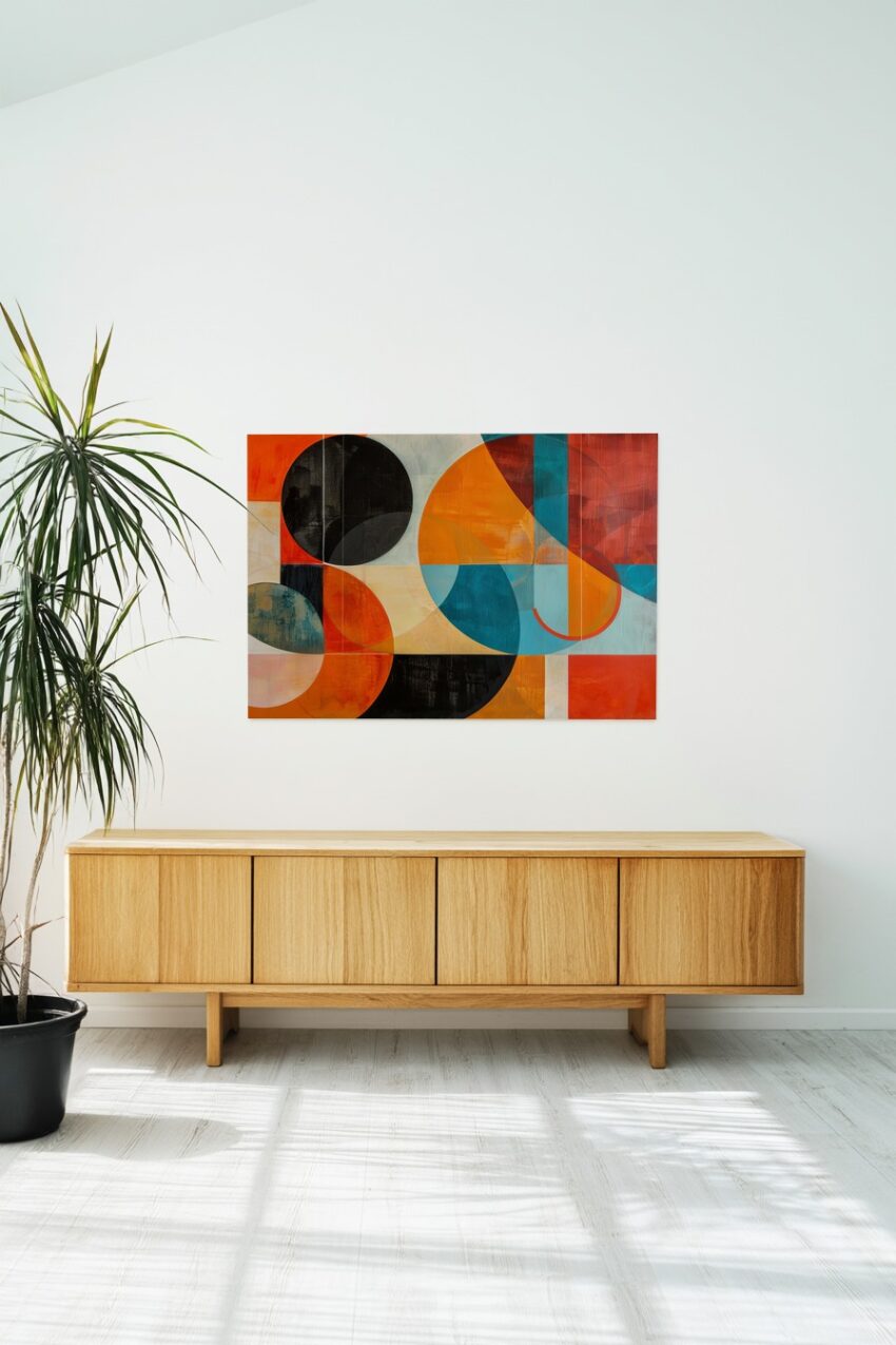 Abstraktes Poster mit farbigen Kreisen und rechteckigen Flächen in Orange, Blau und Schwarz als geometrischer Kunstdruck