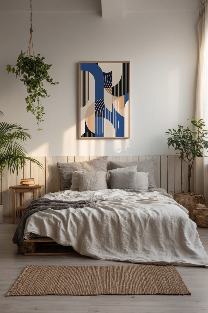 Abstraktes Poster mit blauen Bögen und schwarzen sowie beigen Streifen auf hellbeigem Hintergrund, geometrischer Kunstdruck mit klaren Linien