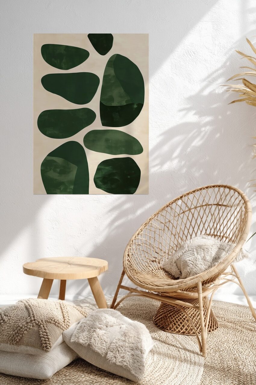 Abstrakter Kunstdruck mit dunkelgrünen organischen Formen auf hellem Hintergrund, modern und ruhig wirkendes Poster