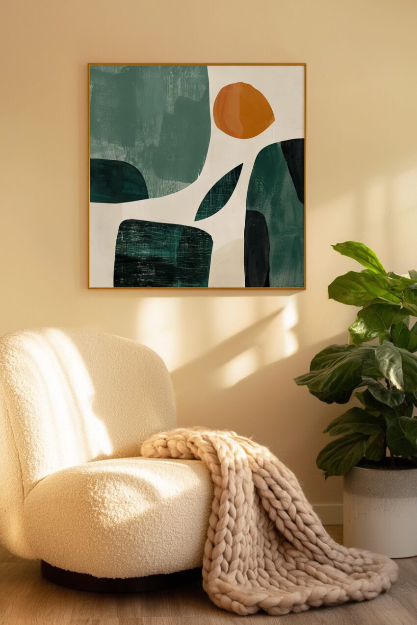 Abstrakter Kunstdruck mit grünen und orangefarbenen Formen auf weißem Hintergrund, modernes Design als Poster