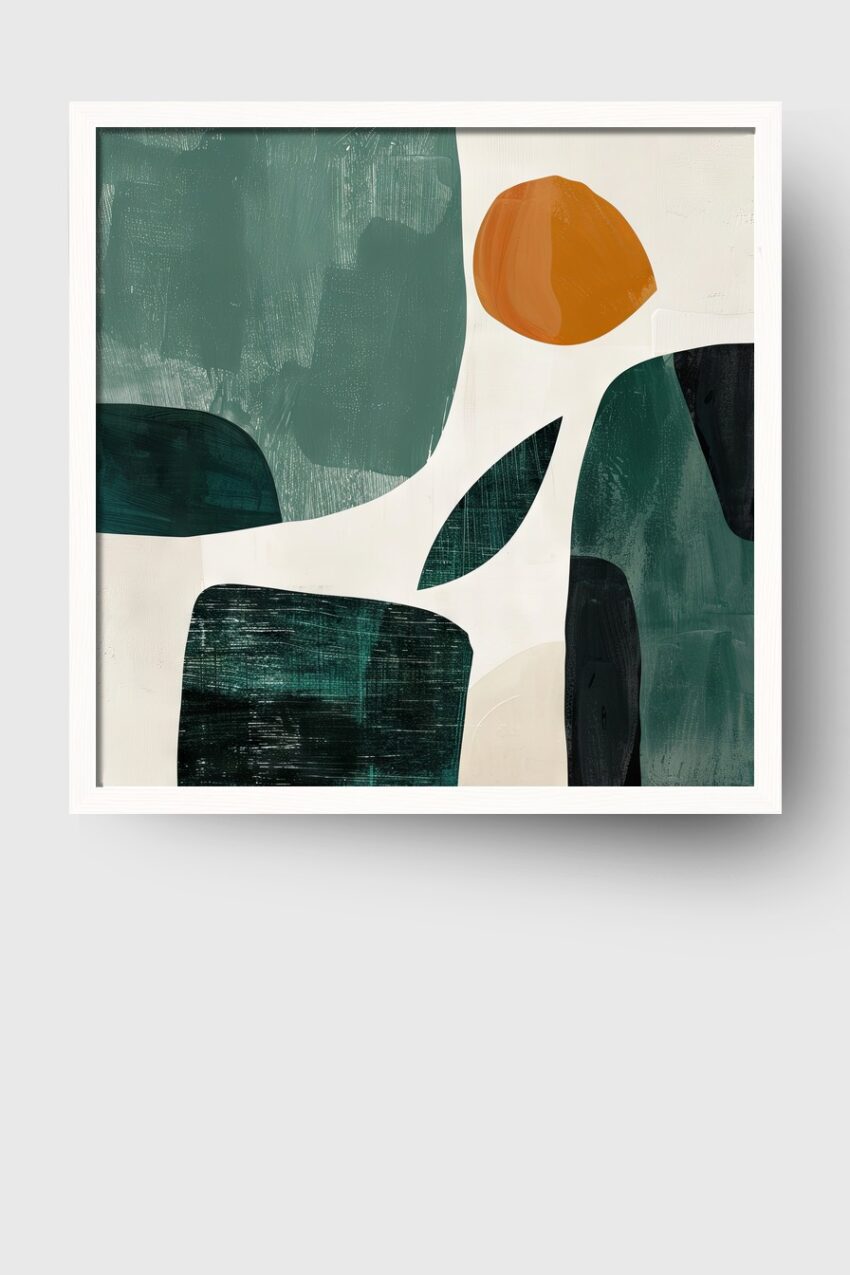 Abstrakter Kunstdruck mit grünen und orangefarbenen Formen auf weißem Hintergrund, modernes Design als Poster