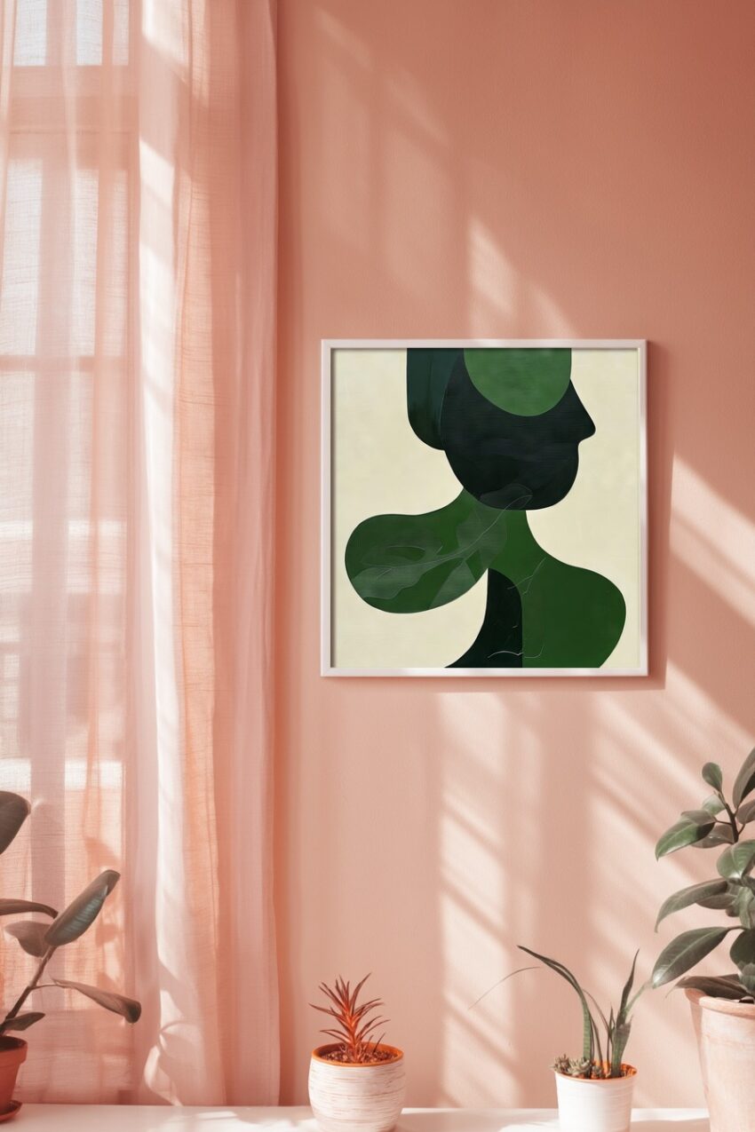 Abstraktes Poster mit grünem Profil in klaren Formen auf halbmattem Hintergrund, moderner Kunstdruck