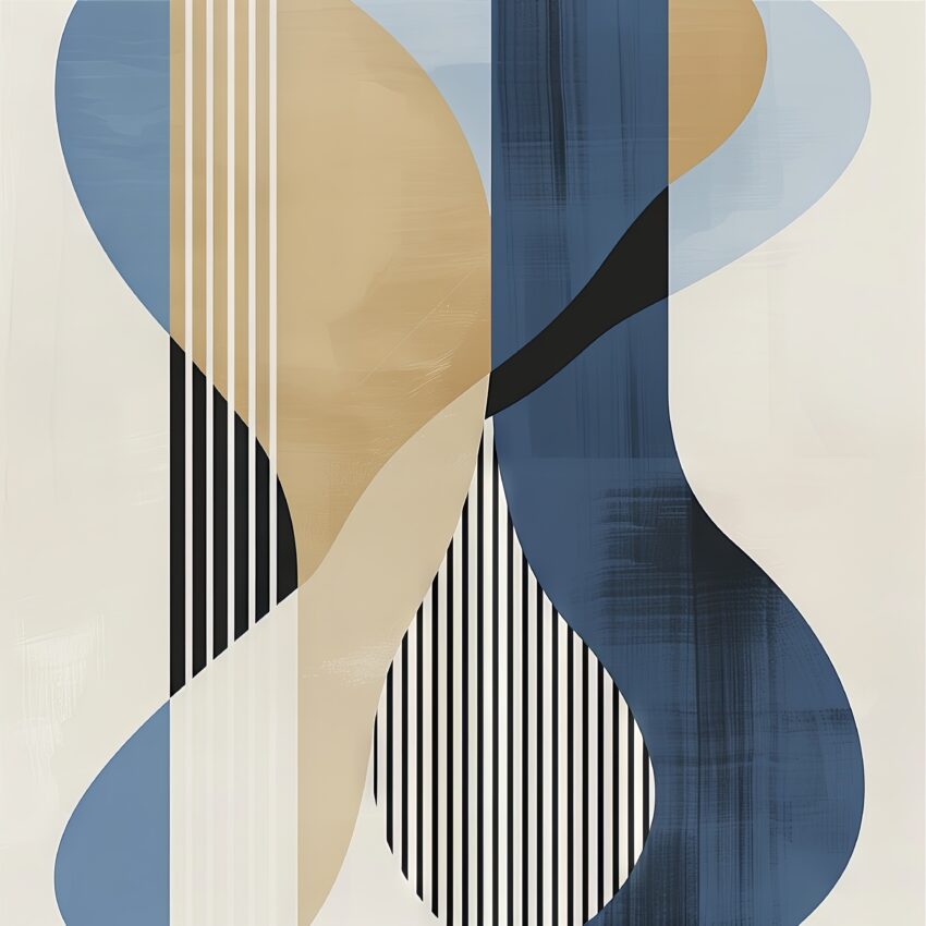 Abstraktes Poster mit fließenden Formen in Blau und Beige, Linien und organischen Flächen auf halbmattem Papier