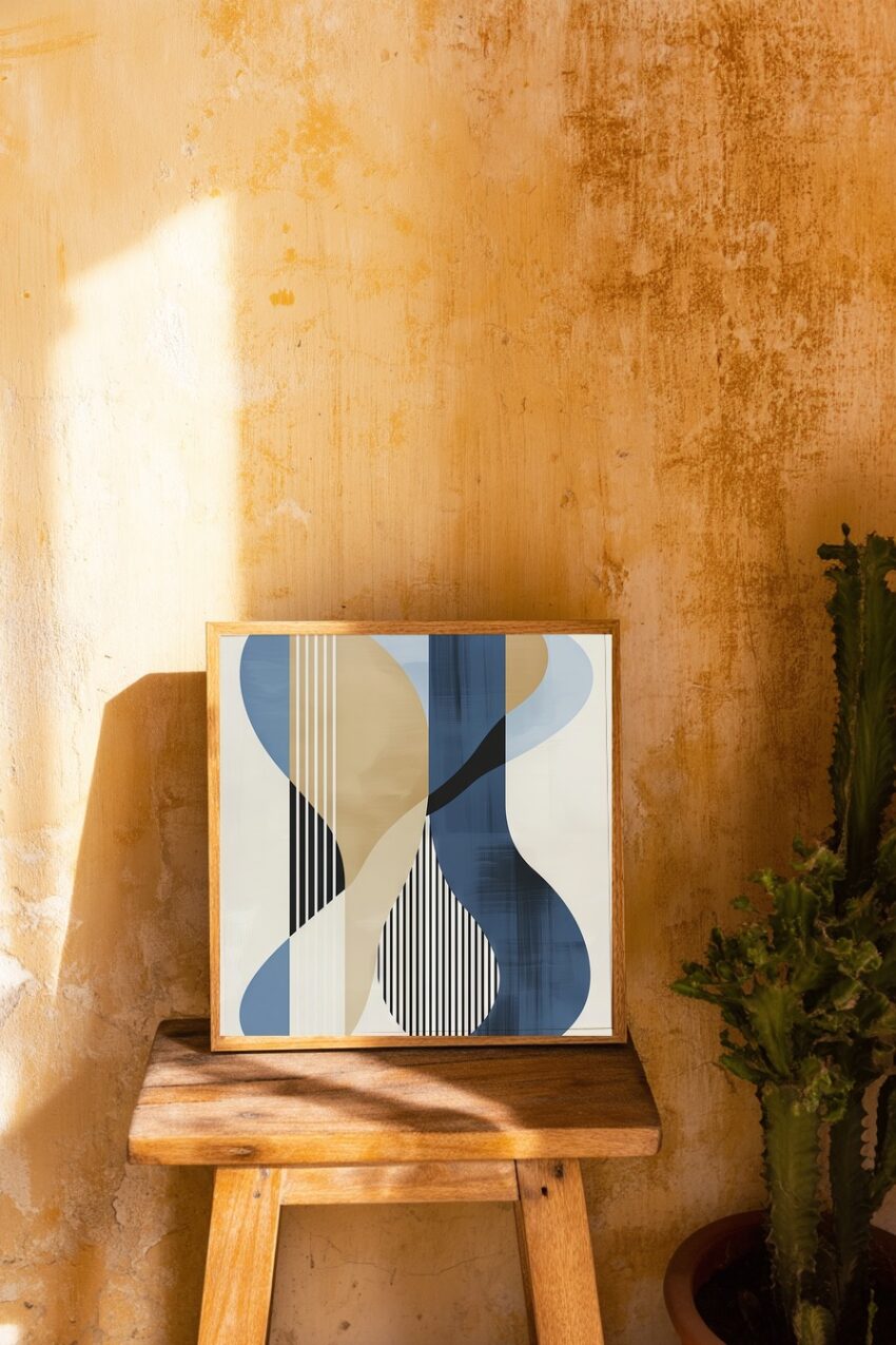 Abstraktes Poster mit fließenden Formen in Blau und Beige, Linien und organischen Flächen auf halbmattem Papier