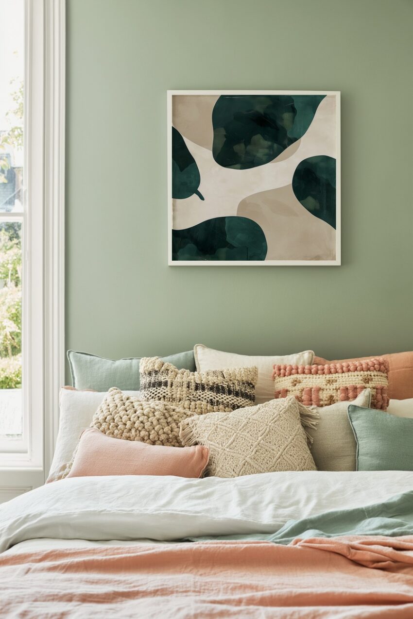 Abstrakter Kunstdruck mit organischen Blattformen in Grün- und Beigetönen auf hellem Hintergrund, Poster mit klaren Flächen