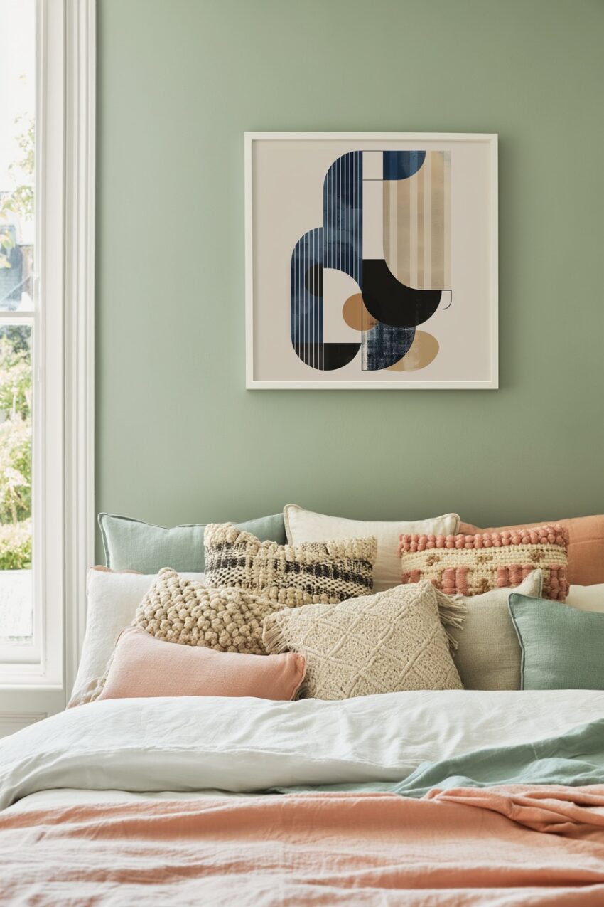 Abstrakter Kunstdruck mit geometrischer Komposition aus Linien und Formen in Beige und Blau, modernes Wandbild auf Poster