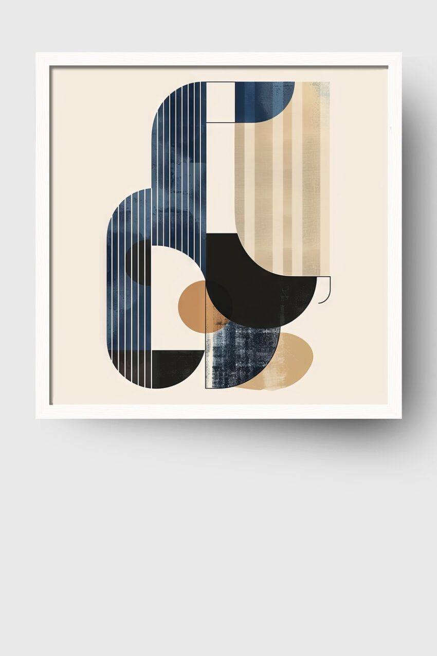 Abstrakter Kunstdruck mit geometrischer Komposition aus Linien und Formen in Beige und Blau, modernes Wandbild auf Poster