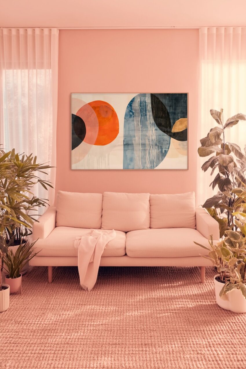 Abstraktes Poster mit überlappenden Kreisen in Orange, Blau und Schwarz, grafischer Kunstdruck auf halbmattem Papier