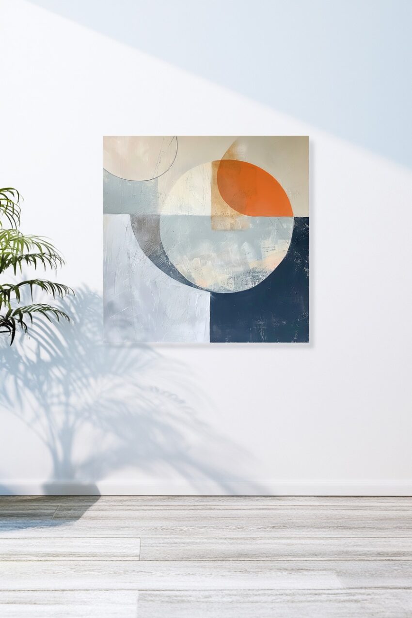 Abstraktes Poster mit überlappenden Kreisen und Farbfeldern in Beige, Orange und Grau auf matter Oberfläche