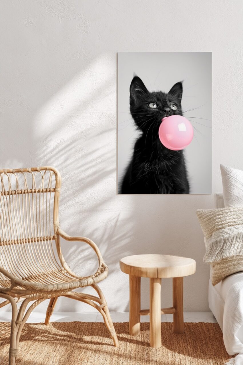 Poster mit Nahaufnahme einer schwarzen Katze die eine rosafarbene Kaugummiblase formt, schwarzes Fell kontrastiert zu hellem Hintergrund
