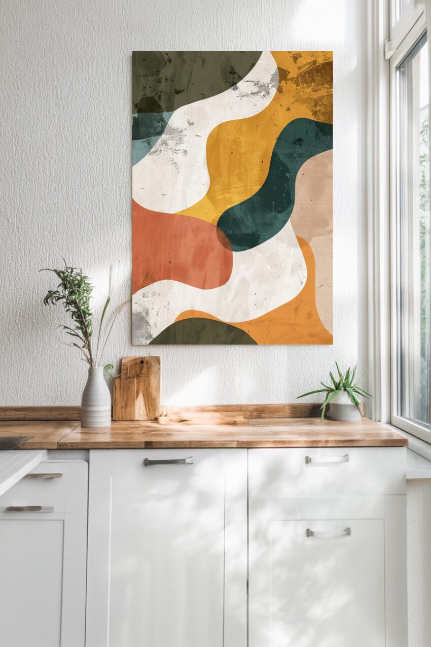 Abstraktes Poster mit organischen Farbflächen in Erdtönen auf mattem FSC-Papier, strukturierte Flächen, minimalistischer grafischer Kunstdruck