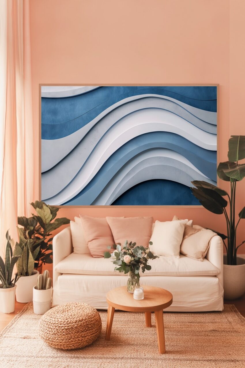 Abstraktes Poster mit blau-weißer Wellenstruktur auf halbmattem Papier, moderner Kunstdruck mit sanft geschwungenen Linien
