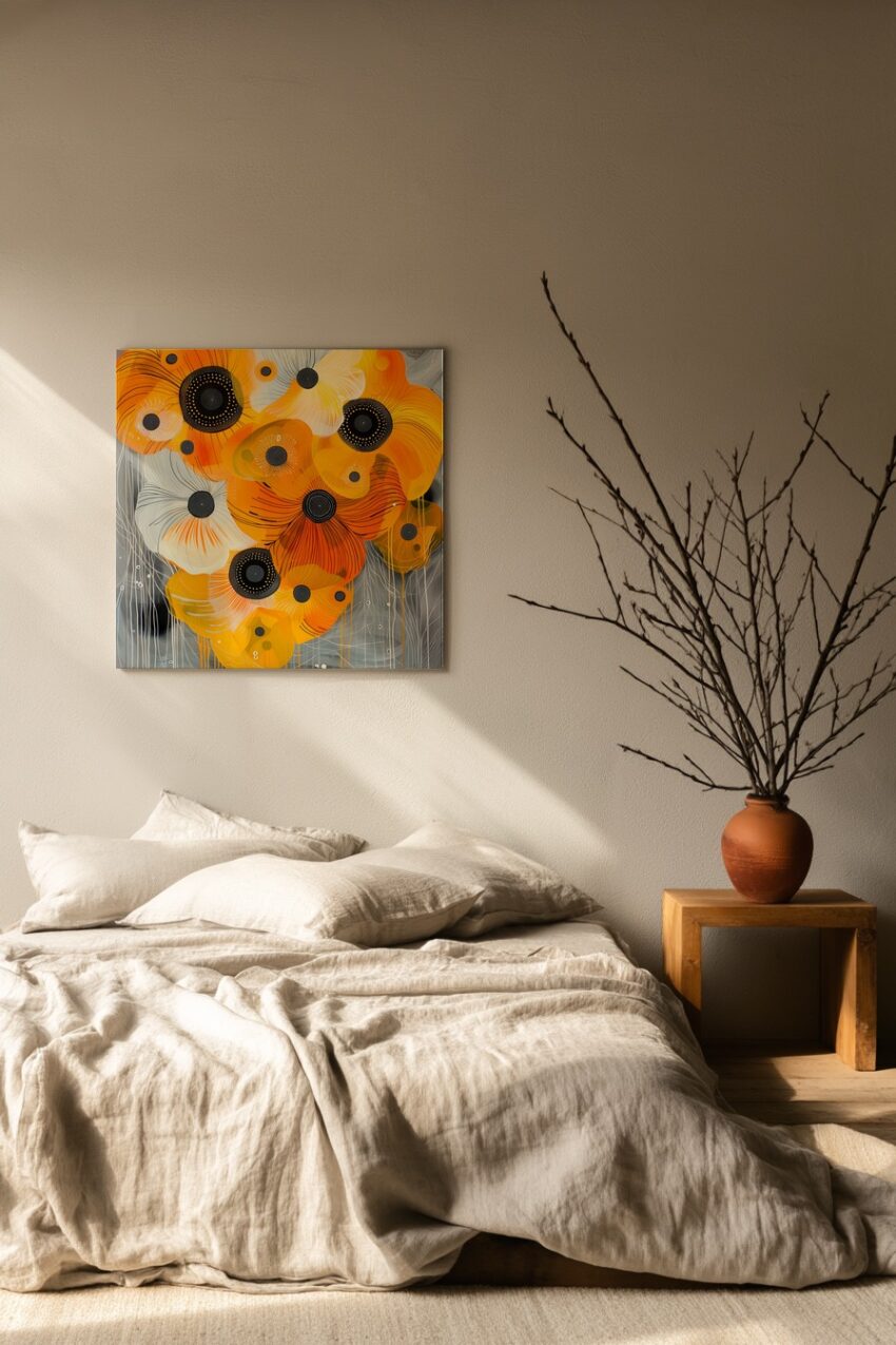 Grafischer Kunstdruck mit Mohnblumen in Orange und Weiß als Poster mit klaren Linien und reduziertem Stil