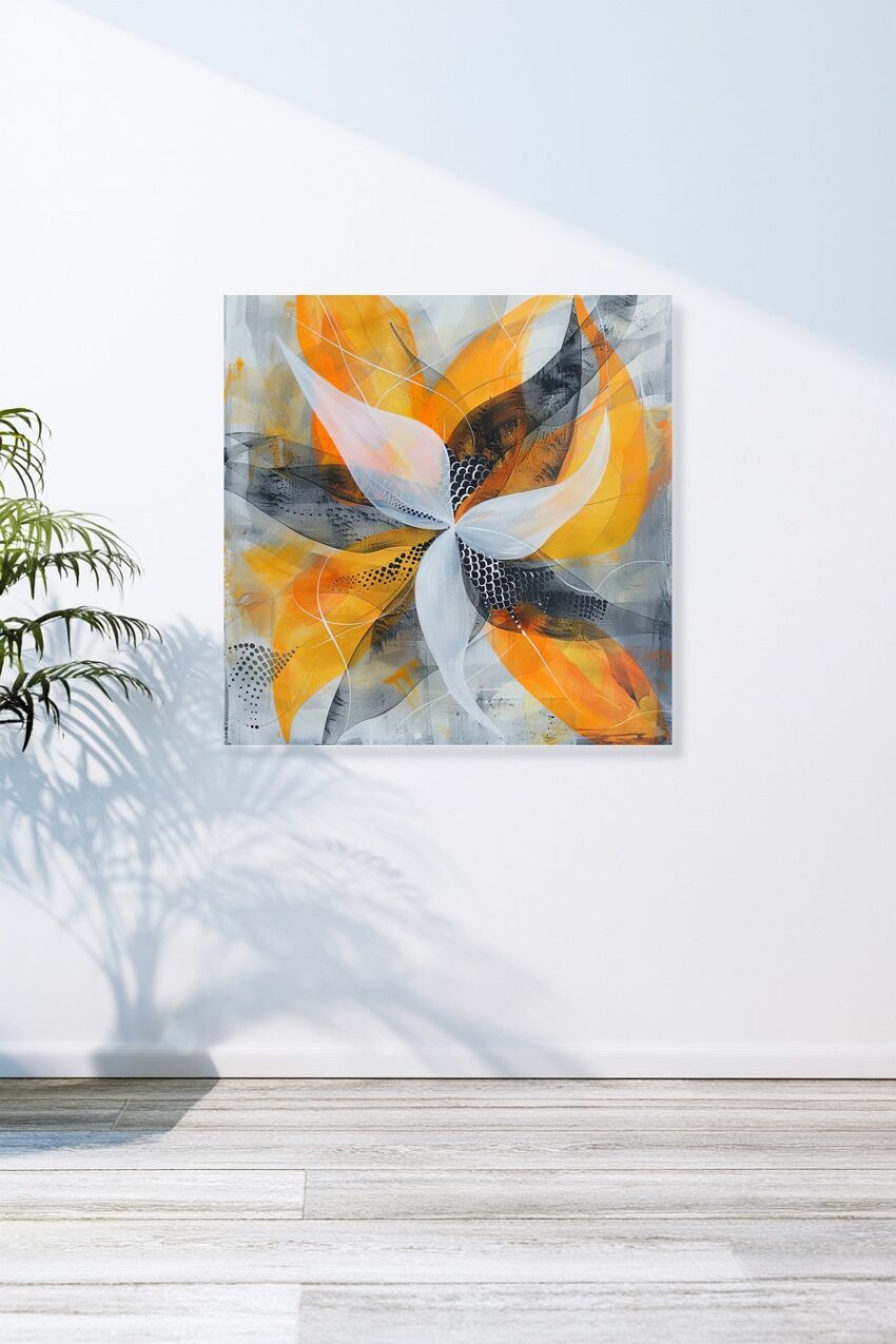 Abstrakter Kunstdruck einer stilisierten Blume mit orangen, weißen und schwarzen Blütenblättern als modernes Poster