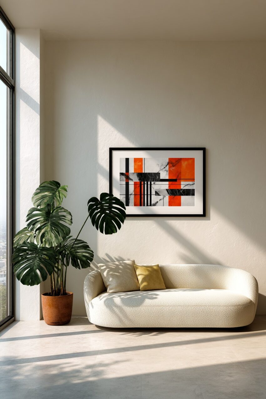 Abstrakter Kunstdruck mit rotem, schwarzem und weißem Marmor Muster, geometrischen Linien und Flächen als Poster