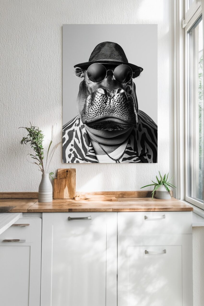 Schwarz-weiß Poster mit Nilpferd im Hut und Sonnenbrille, witziger Tierporträt Kunstdruck