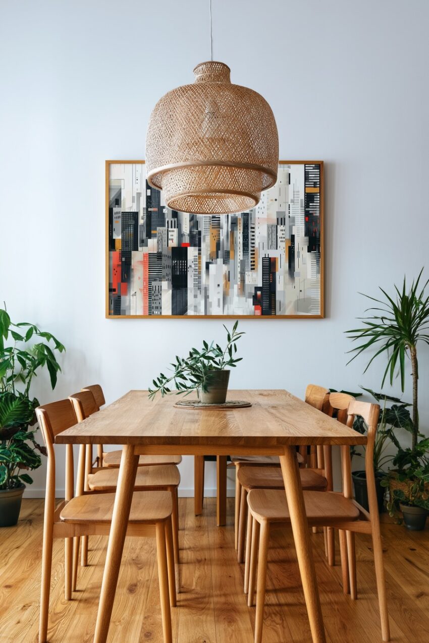 Abstrakter Kunstdruck mit geometrischen Gebäudeformen in Schwarz, Weiß und Orange als Poster im urbanen Stil