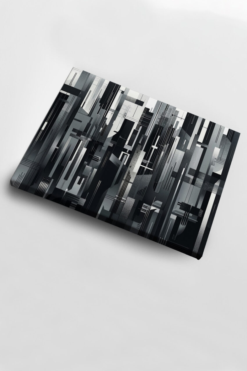 Schwarz-weiß Grafikkunst mit abstrakten Stadtlinien und Architekturmustern als Poster mit klaren geometrischen Formen