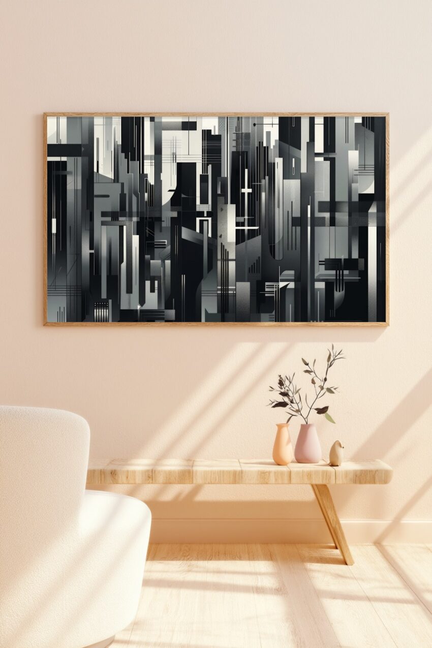 Schwarz-weiß Grafikkunst mit abstrakten Stadtlinien und Architekturmustern als Poster mit klaren geometrischen Formen