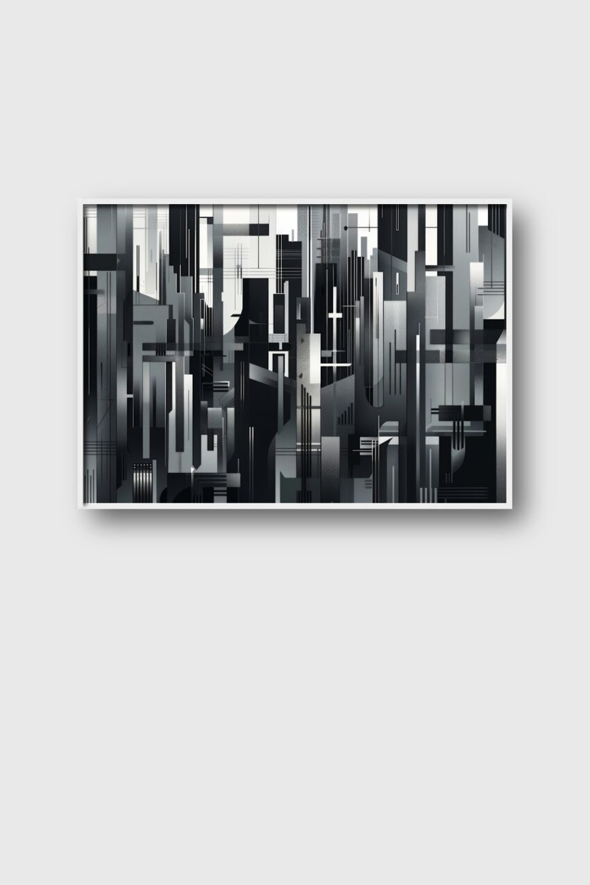 Schwarz-weiß Grafikkunst mit abstrakten Stadtlinien und Architekturmustern als Poster mit klaren geometrischen Formen