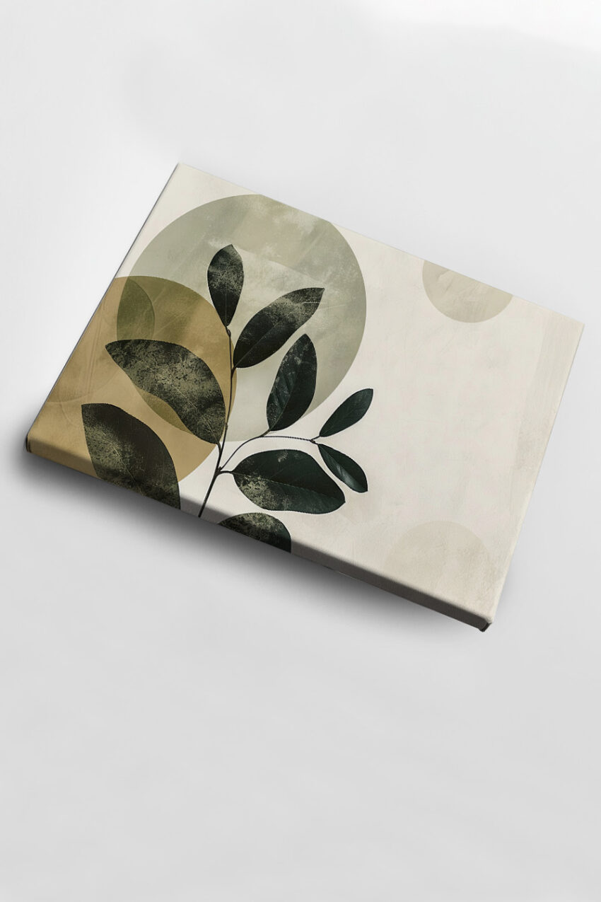 Poster mit minimalistischen schwarzen Blättern und großen Kreisen in Beige und Grün, moderner botanischer Kunstdruck