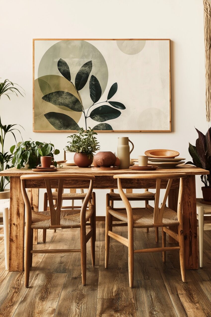 Poster mit minimalistischen schwarzen Blättern und großen Kreisen in Beige und Grün, moderner botanischer Kunstdruck