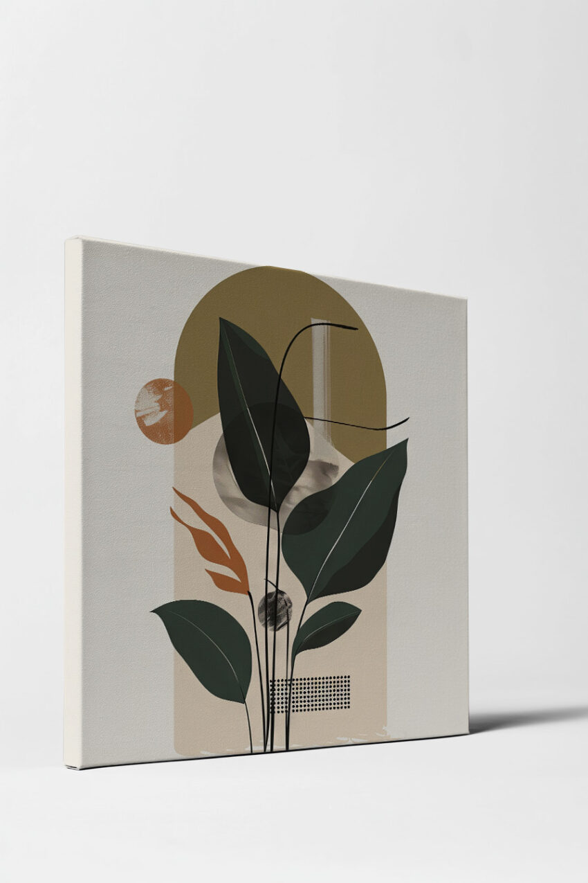 Grafischer Kunstdruck mit abstrahierten grünen Blättern und geometrischen Formen in gedeckten Erdtönen als Poster