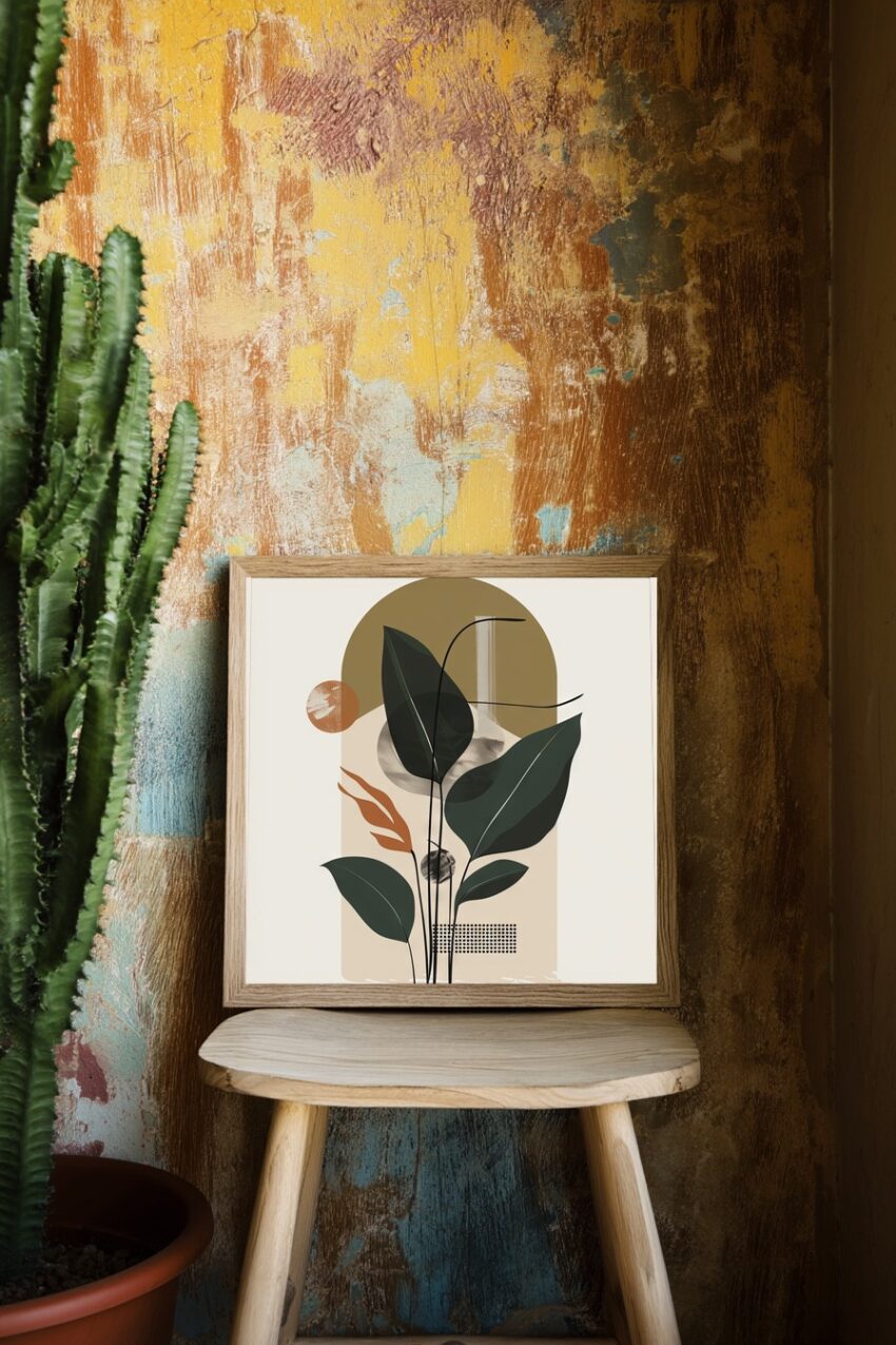 Grafischer Kunstdruck mit abstrahierten grünen Blättern und geometrischen Formen in gedeckten Erdtönen als Poster