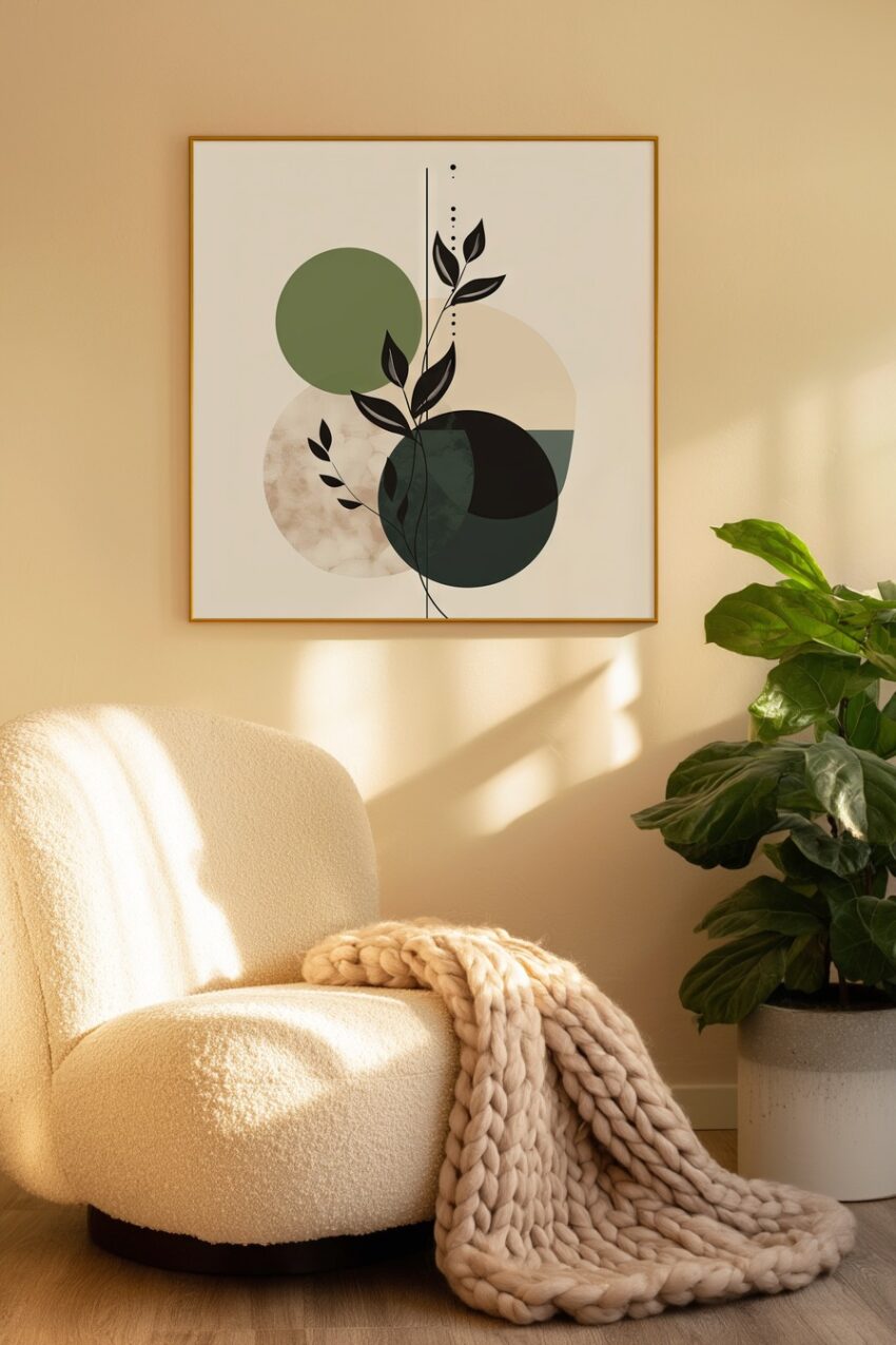 Grafischer Kunstdruck mit stilisierten Blättern und geometrischen Kreisen in Grün und Beige als minimalistisches Poster