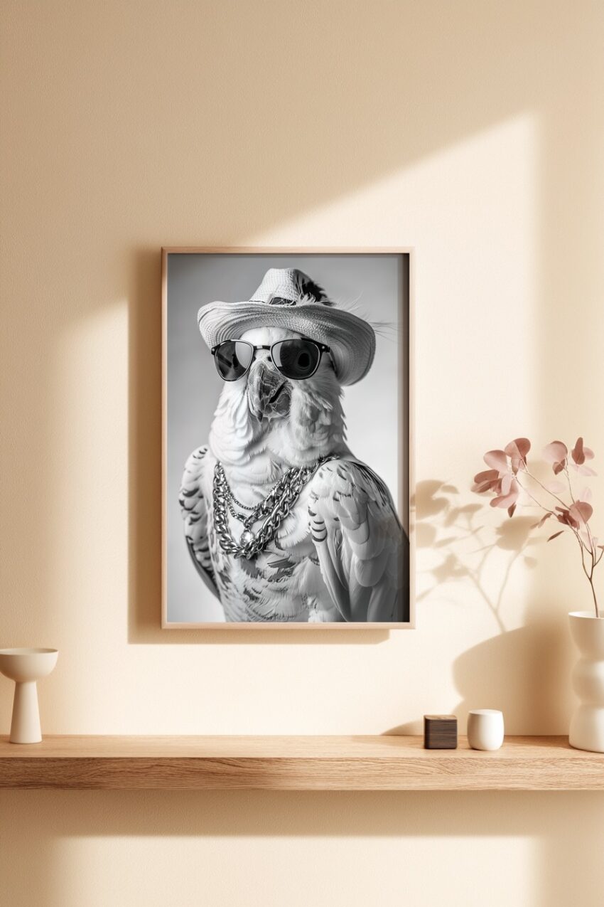 Schwarz-weiß Poster mit Papagei in Sonnenbrille und Hut, moderner Tierportrait Kunstdruck