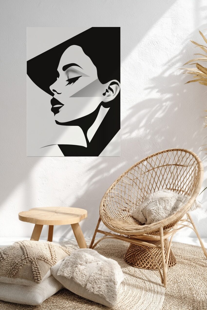 Schwarz-weiß Poster mit grafischem weiblichem Profil, minimalistischer Frauenportrait-Kunstdruck