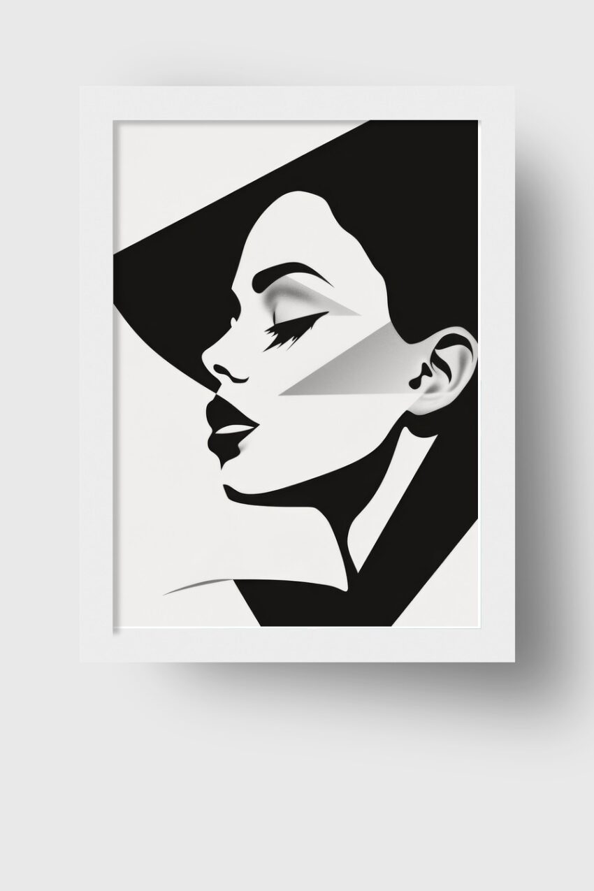 Schwarz-weiß Poster mit grafischem weiblichem Profil, minimalistischer Frauenportrait-Kunstdruck