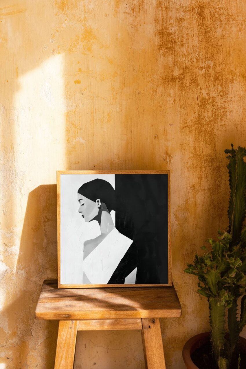 Schwarzweiß Kunstdruck eines weiblichen Profils in minimalistischer Seitenansicht auf Poster