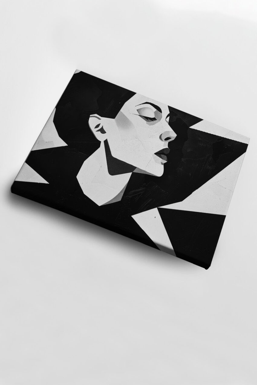 Schwarz-weiß Kunstdruck eines abstrahierten Frauenkopfs mit geometrischen Formen, modernes Wandbild im klaren Stil