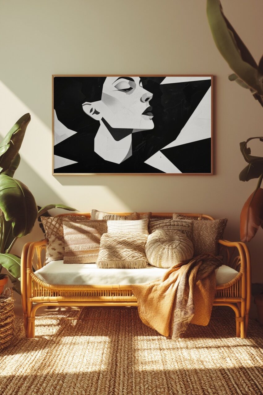 Schwarz-weiß Kunstdruck eines abstrahierten Frauenkopfs mit geometrischen Formen, modernes Wandbild im klaren Stil