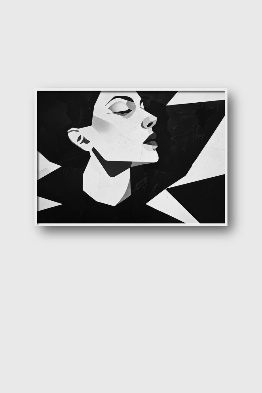 Schwarz-weiß Kunstdruck eines abstrahierten Frauenkopfs mit geometrischen Formen, modernes Wandbild im klaren Stil