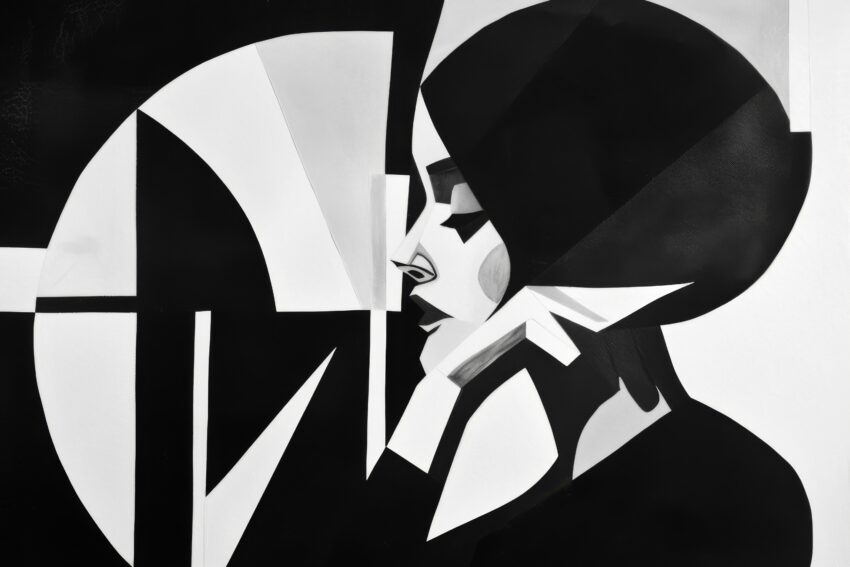 Schwarz-weiß Poster mit stilisierter Frauenfigur im Profil, abstrakter minimalistischer Kunstdruck