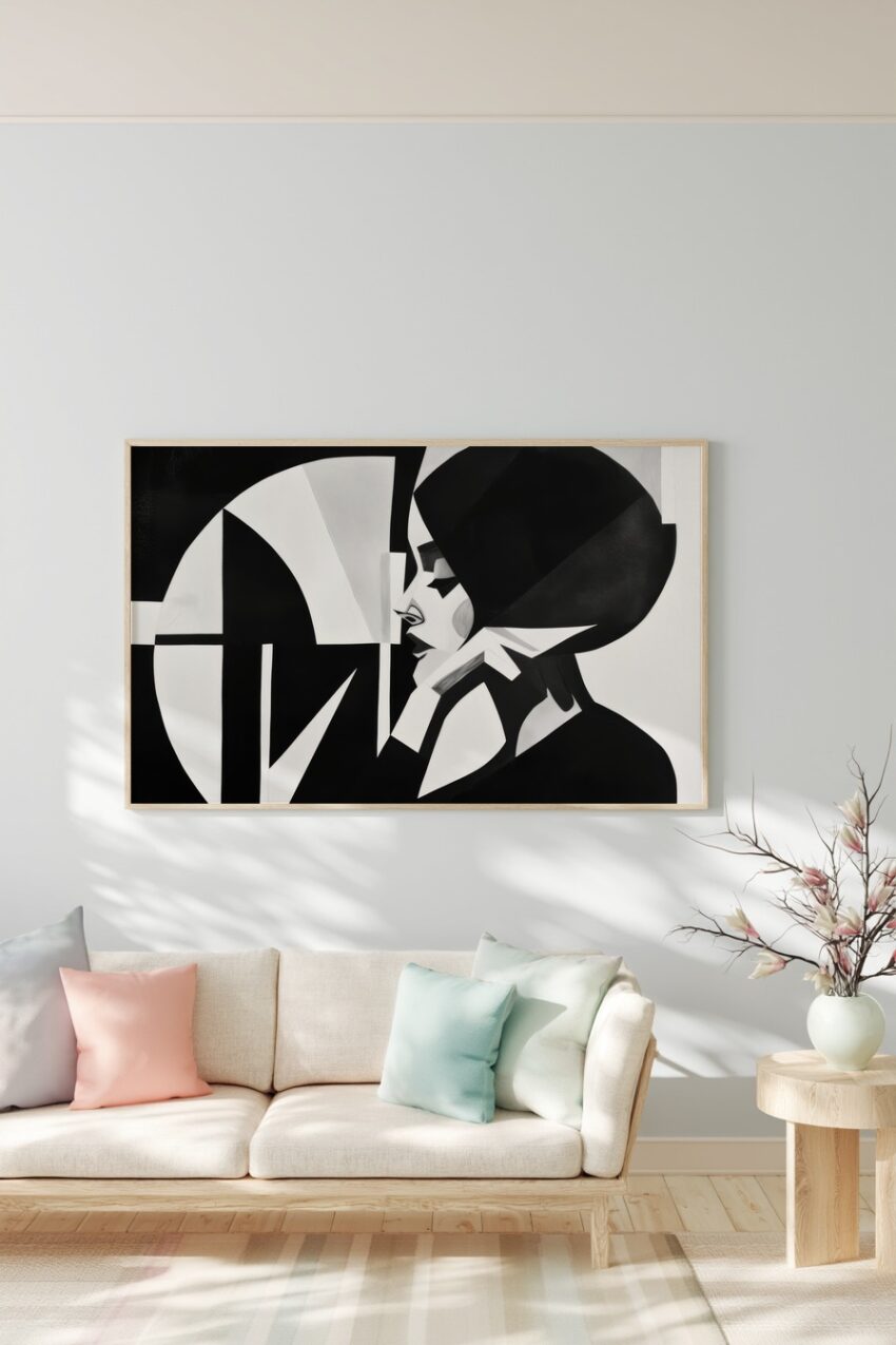 Schwarz-weiß Poster mit stilisierter Frauenfigur im Profil, abstrakter minimalistischer Kunstdruck