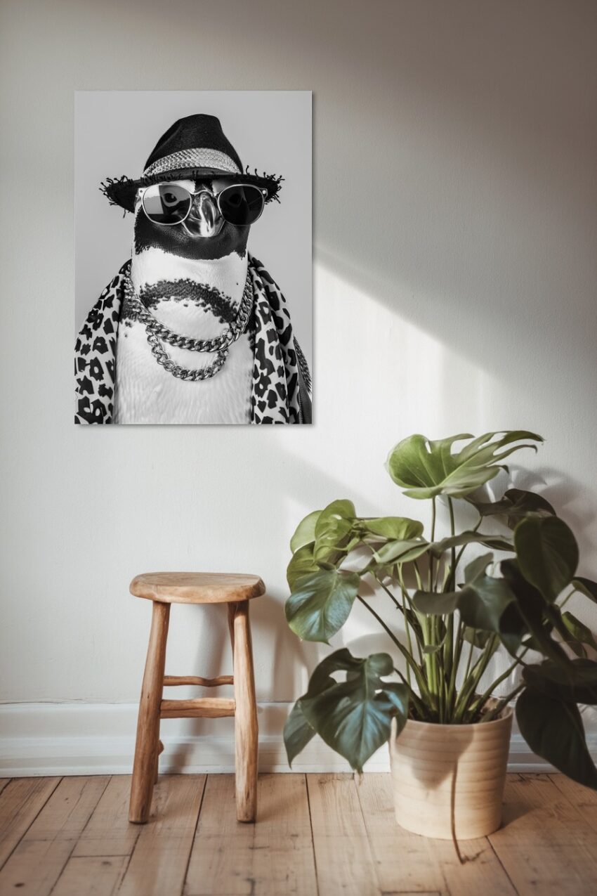 Schwarz-Weiß Poster mit Pinguin im Hut, Sonnenbrille und Ketten, lustiges Tierporträt in monochromer Darstellung