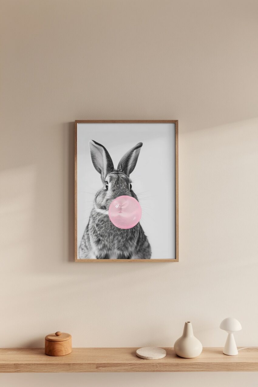 Schwarz-Weiß Poster eines Kaninchens mit rosafarbener Kaugummiblase vor hellem Hintergrund