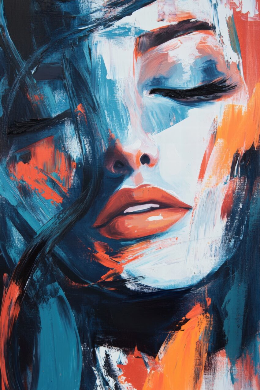 Farbiges abstraktes Porträt einer Frau mit geschlossenen Augen und roten Lippen, moderner Kunstdruck auf Poster.