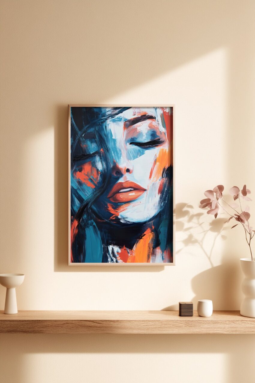 Farbiges abstraktes Porträt einer Frau mit geschlossenen Augen und roten Lippen, moderner Kunstdruck auf Poster.