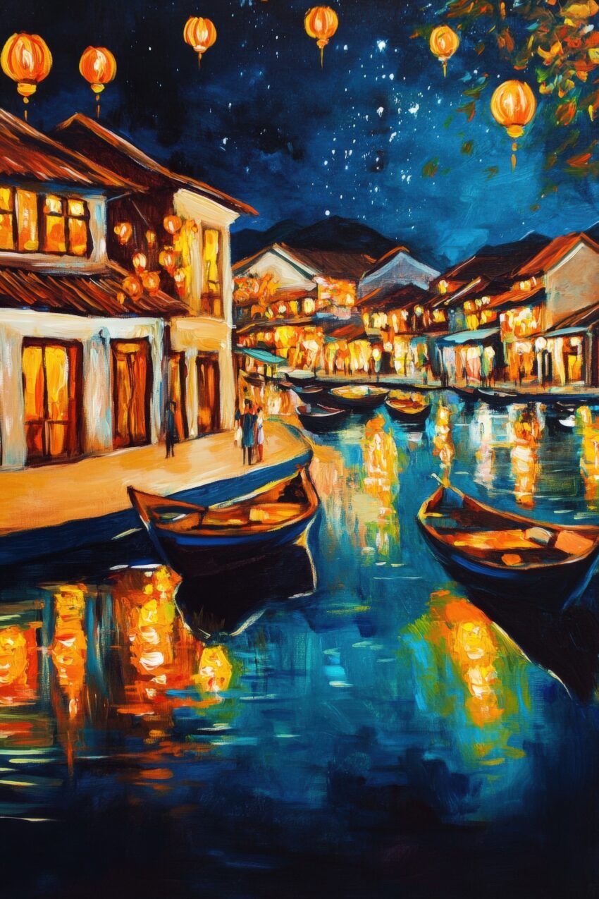 Kunstdruck eines abendlichen Flussorts mit leuchtenden Laternen und Booten, atmosphärisch in warmen Farben dargestellt